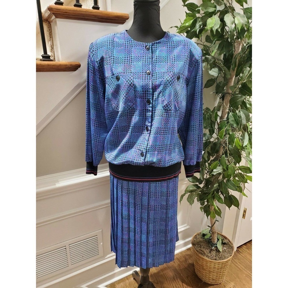 Vintage B.G.B‎ Blue 100%Polyester Buttons Long Sleeve 2 Piece Top & Skirt Dress